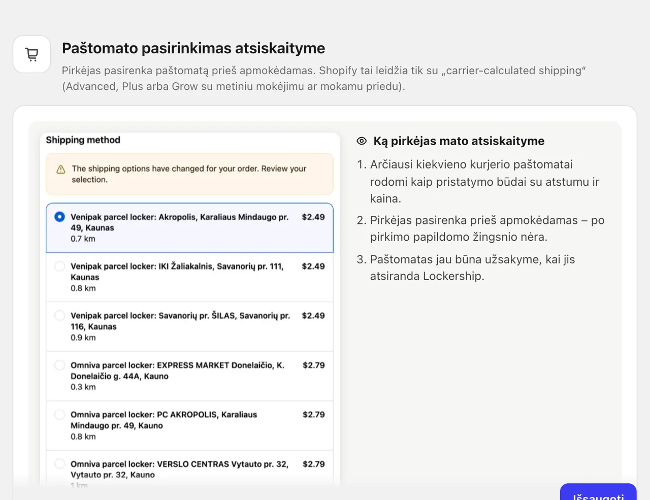 Lockership nustatymai paštomatams atsiskaityme: kaina kiekvienam kurjeriui ir šaliai, nemokamai nuo sumos