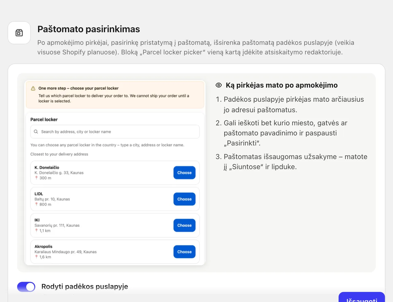 Lockership nustatymai paštomato pasirinkimui po apmokėjimo: padėkos puslapis, užsakymo būsenos puslapis ir šalys