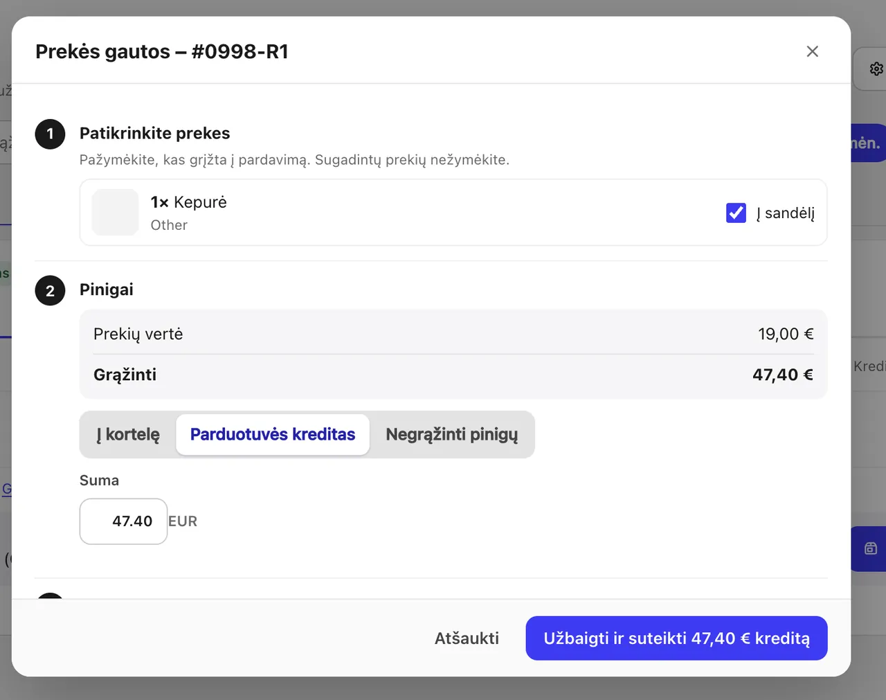 Grąžintų prekių pažymėjimas gautomis ir grąžinimas kreditu