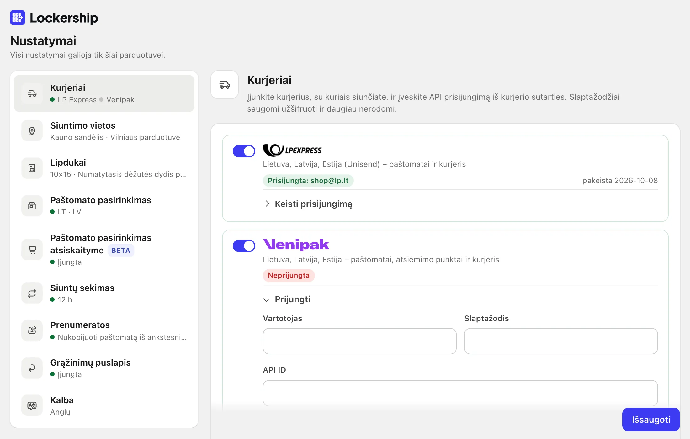 Atidarykite Nustatymai → Kurjeriai