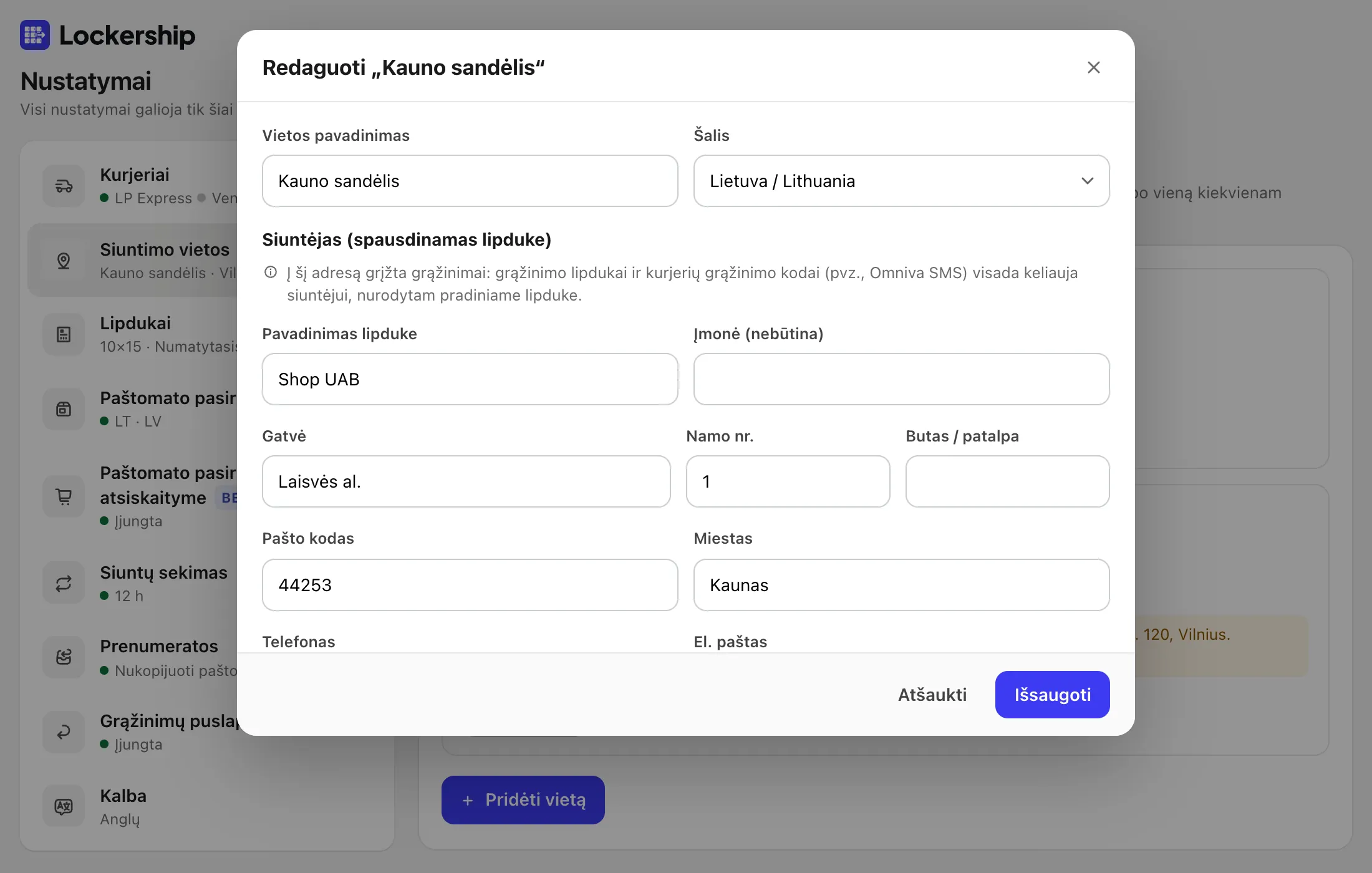 Įdiekite Lockership ir pridėkite siuntimo vietą