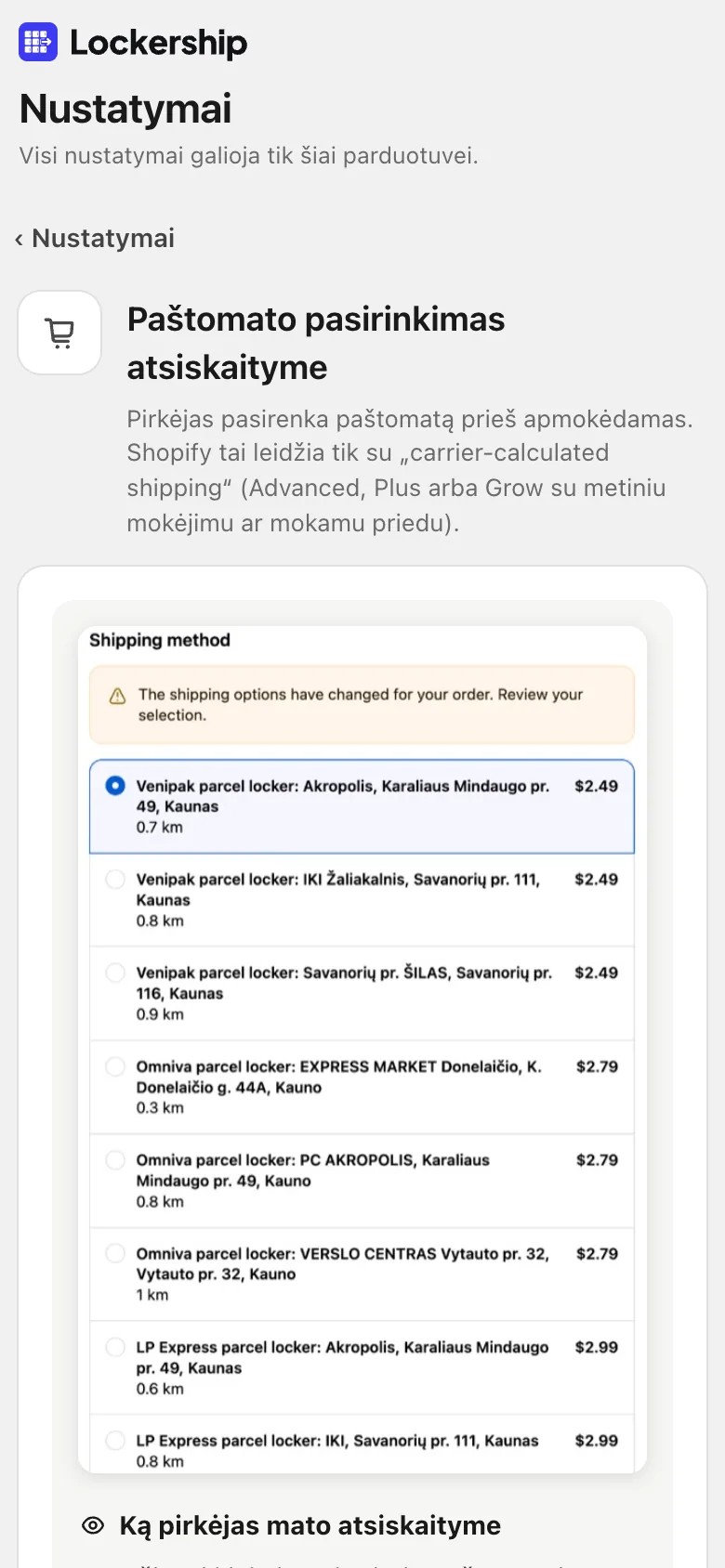 Lockership nustatymai paštomatams atsiskaityme: kaina kiekvienam kurjeriui ir šaliai, nemokamai nuo sumos