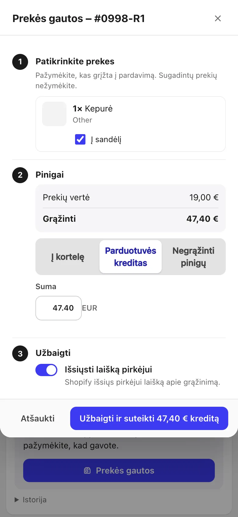 Grąžintų prekių pažymėjimas gautomis ir grąžinimas kreditu