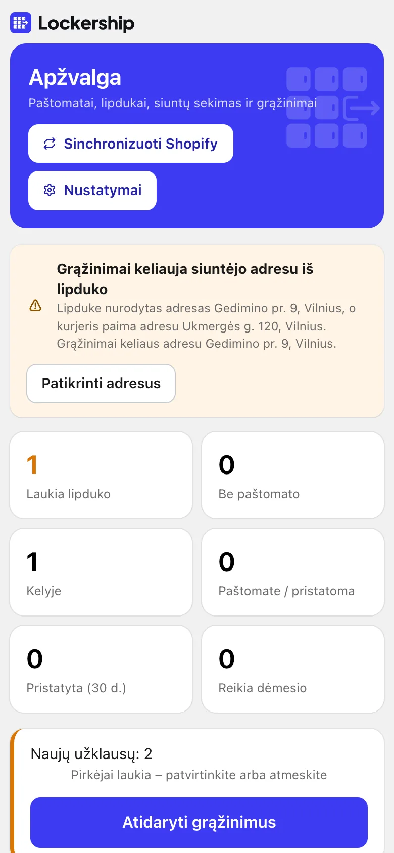 Lockership apžvalga: lipdukai, siuntos kelyje, grąžinimo užklausos