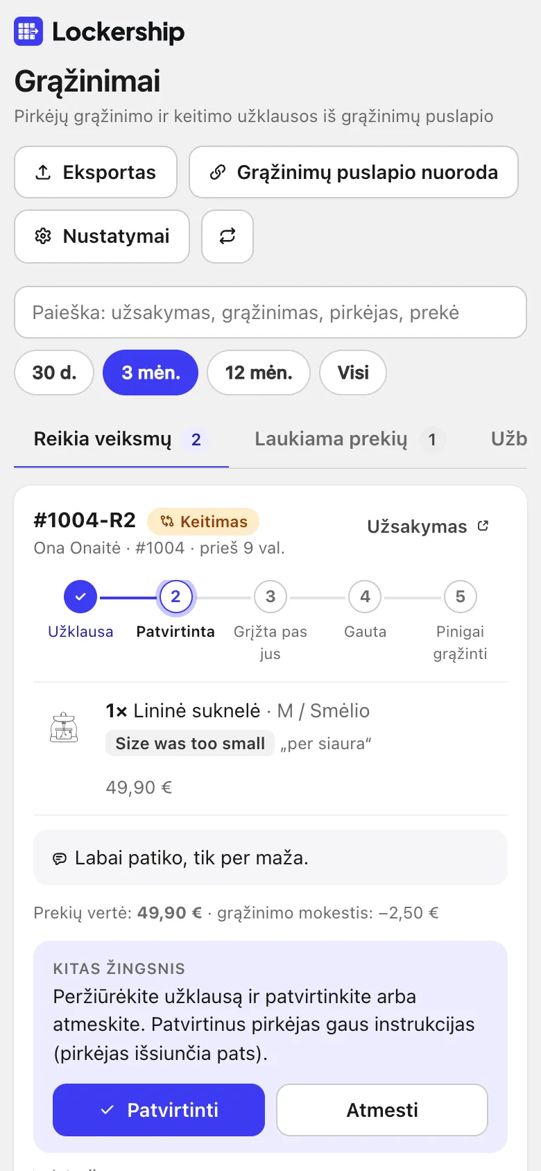 Grąžinimo užklausos Lockership su eiga ir kitu žingsniu