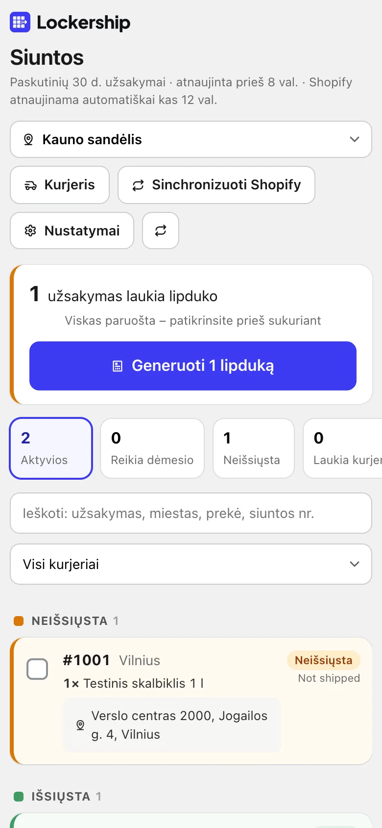 Siuntų sąrašas su kurjerių būsenomis