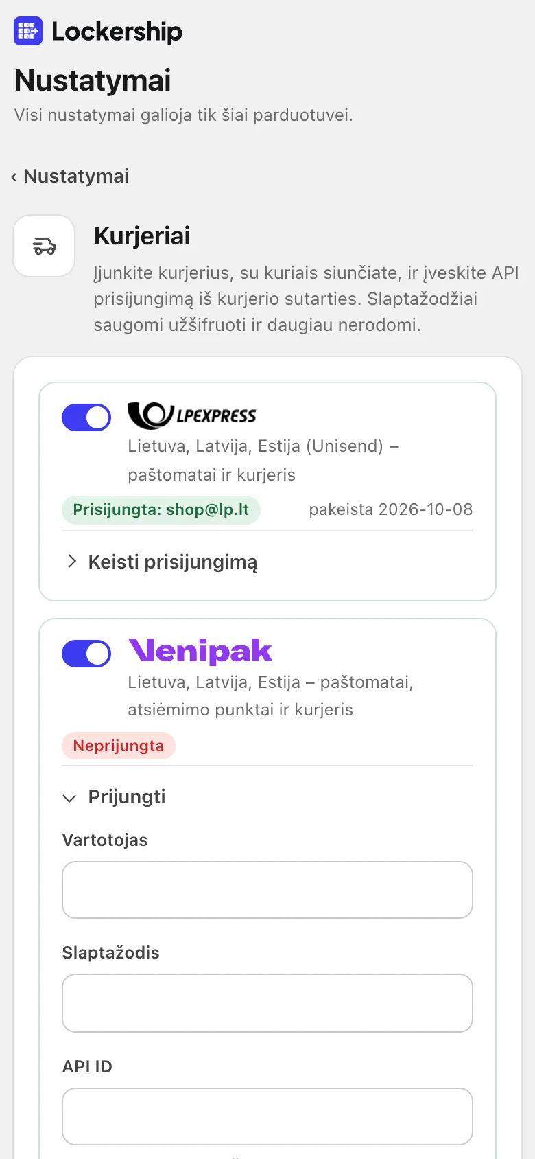 Atidarykite Nustatymai → Kurjeriai