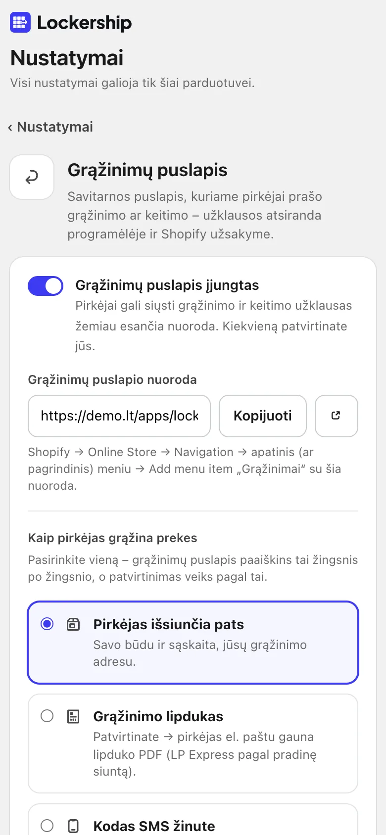Įjunkite grąžinimų puslapį