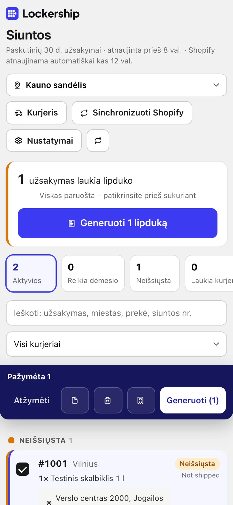Kurkite lipdukus iš karto, kvieskite kurjerį, spausdinkite manifestą