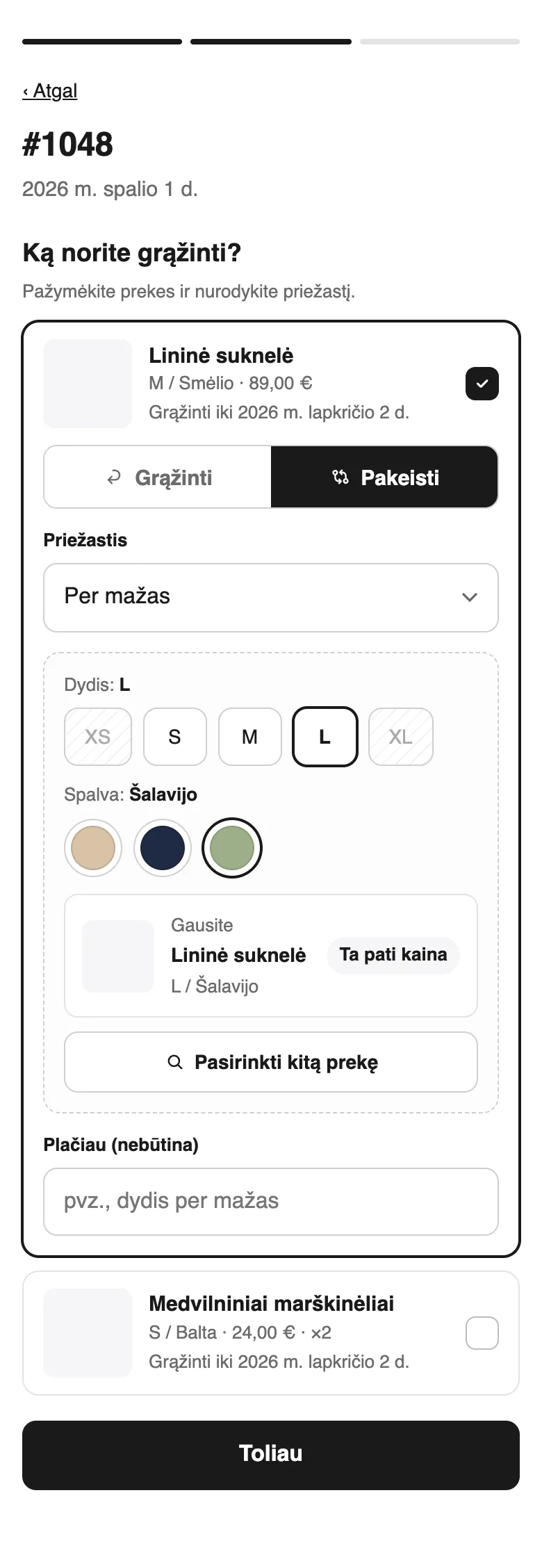 Pirkėjo grąžinimų puslapis su keitimu į L dydį